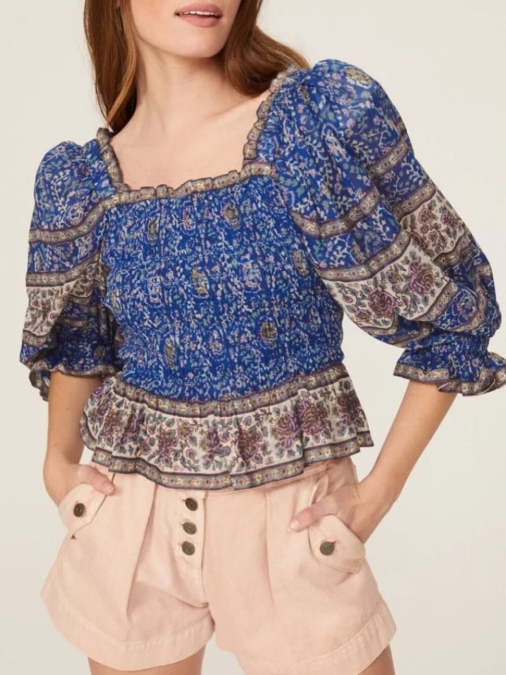 SEA New York Rosita Smocked Top Mixed print Blouse Puff sleeve Boho Dainty cute